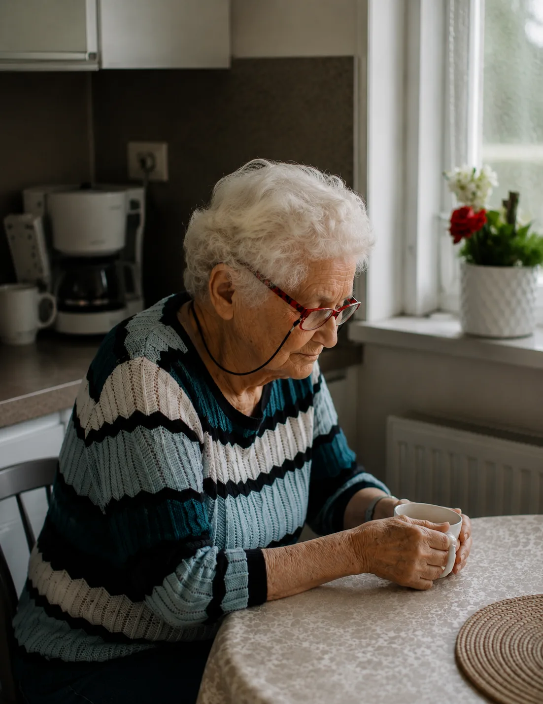 Seniorka z kubkiem w obu dłoniach przy stole - moment codzienności