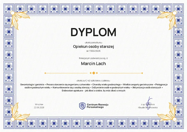 Dyplom ukończenia kursu Opiekun osoby starszej